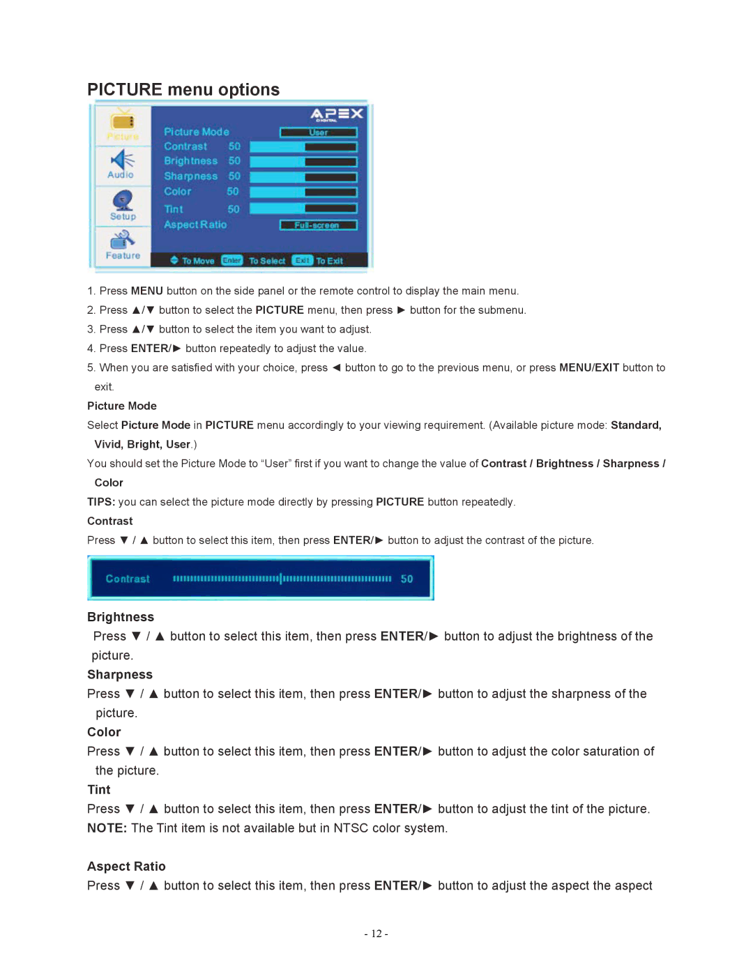 Apex Digital LD1919 operating instructions Picture menu options 