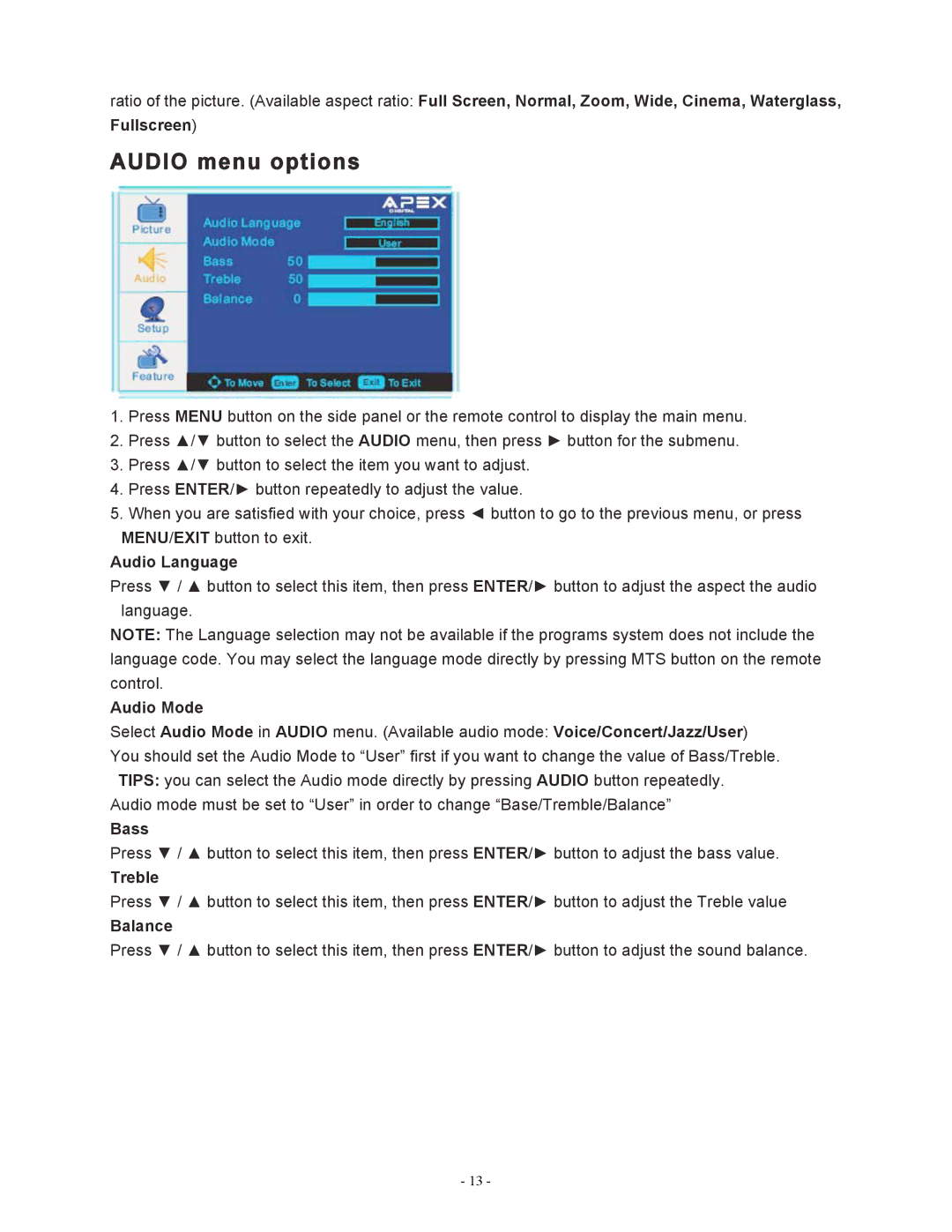 Apex Digital LD1919 operating instructions Audio menu options 