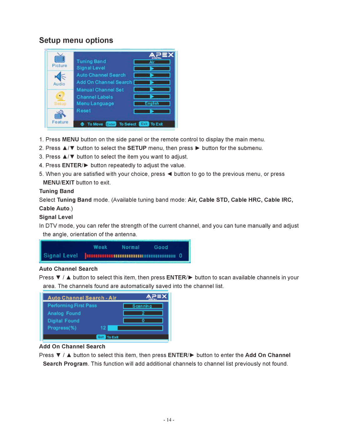 Apex Digital LD1919 operating instructions Setup menu options, Add On Channel Search 