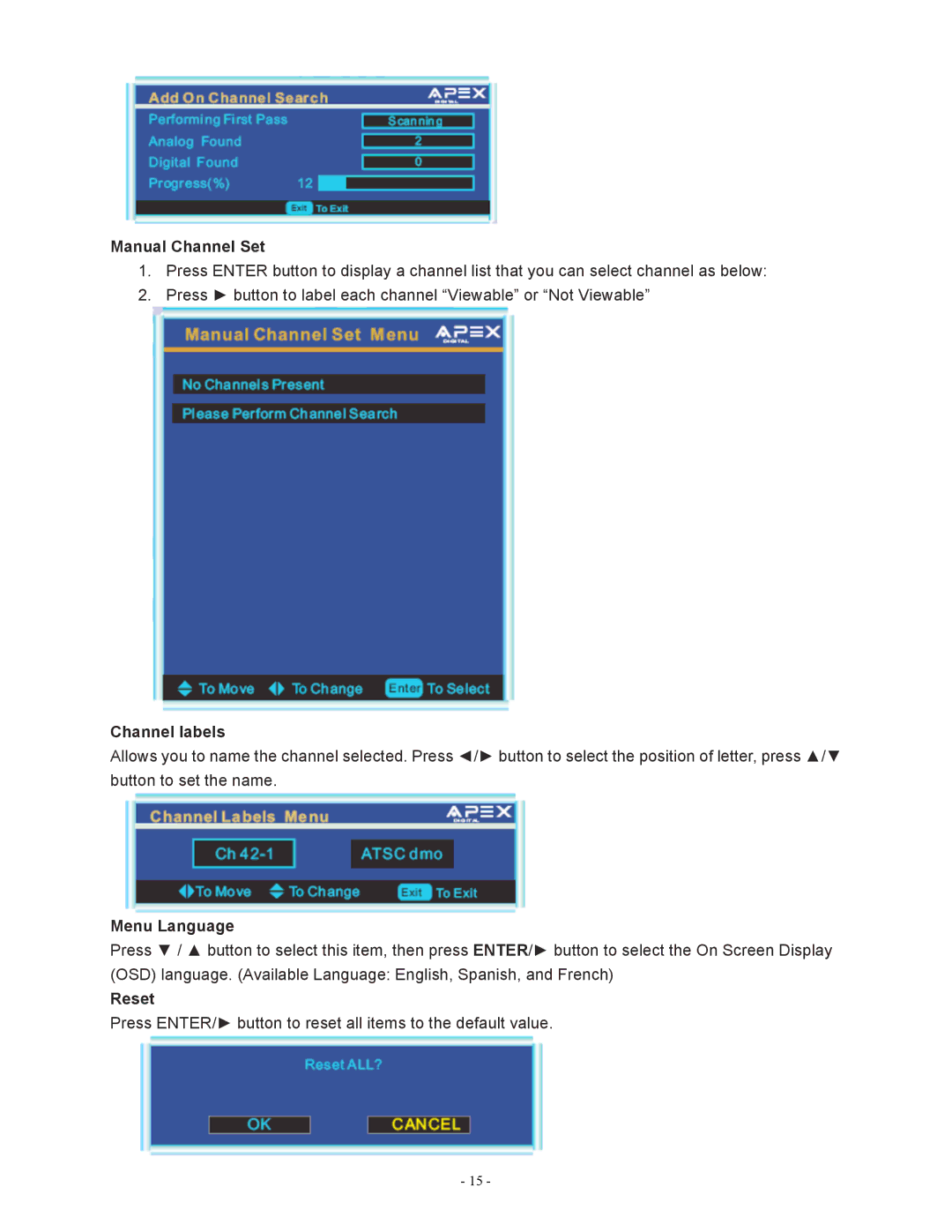 Apex Digital LD1919 operating instructions Manual Channel Set, Channel labels, Reset 