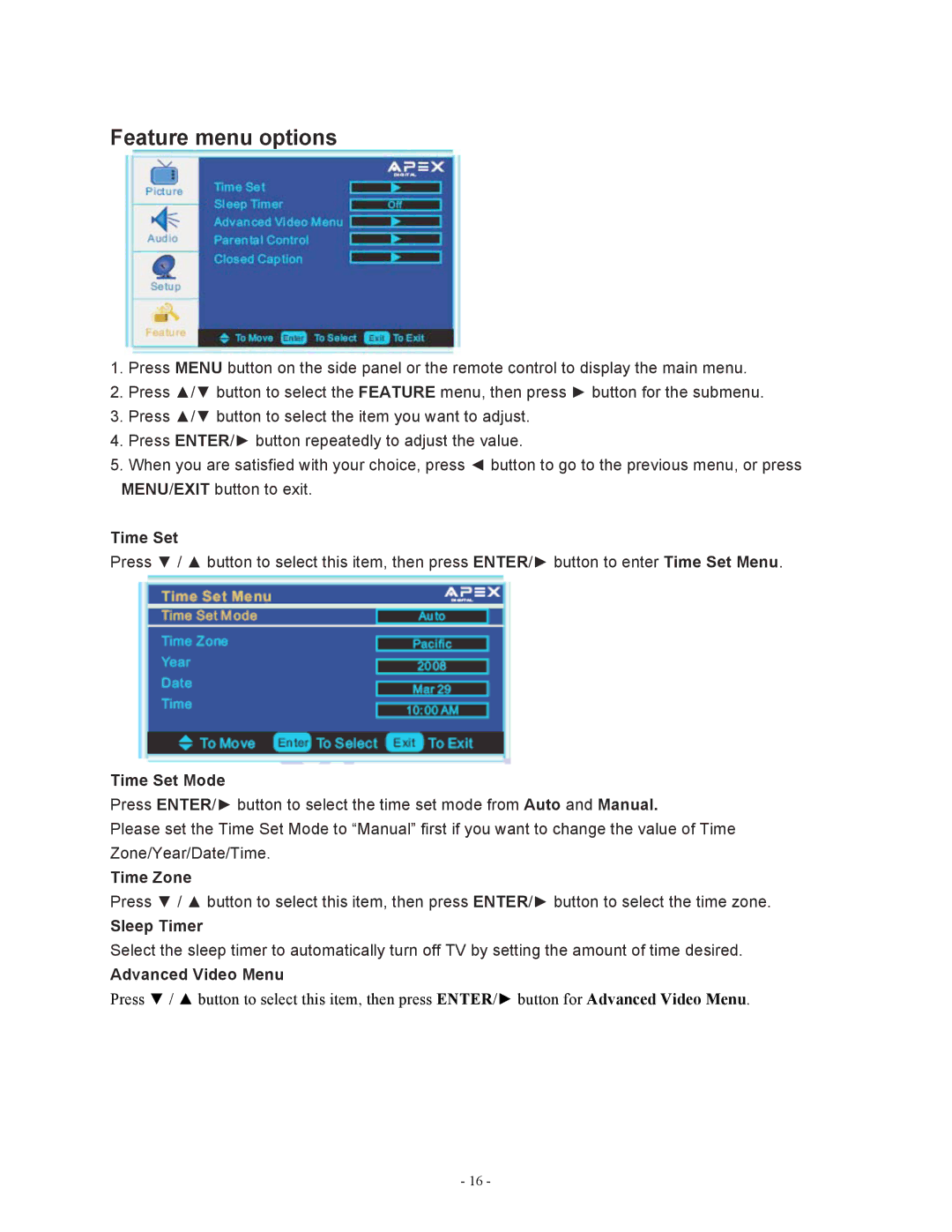 Apex Digital LD1919 operating instructions Feature menu options 