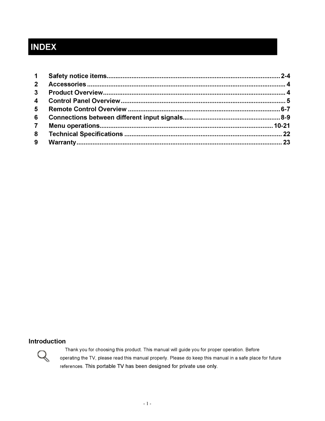 Apex Digital LD1919 operating instructions Index 