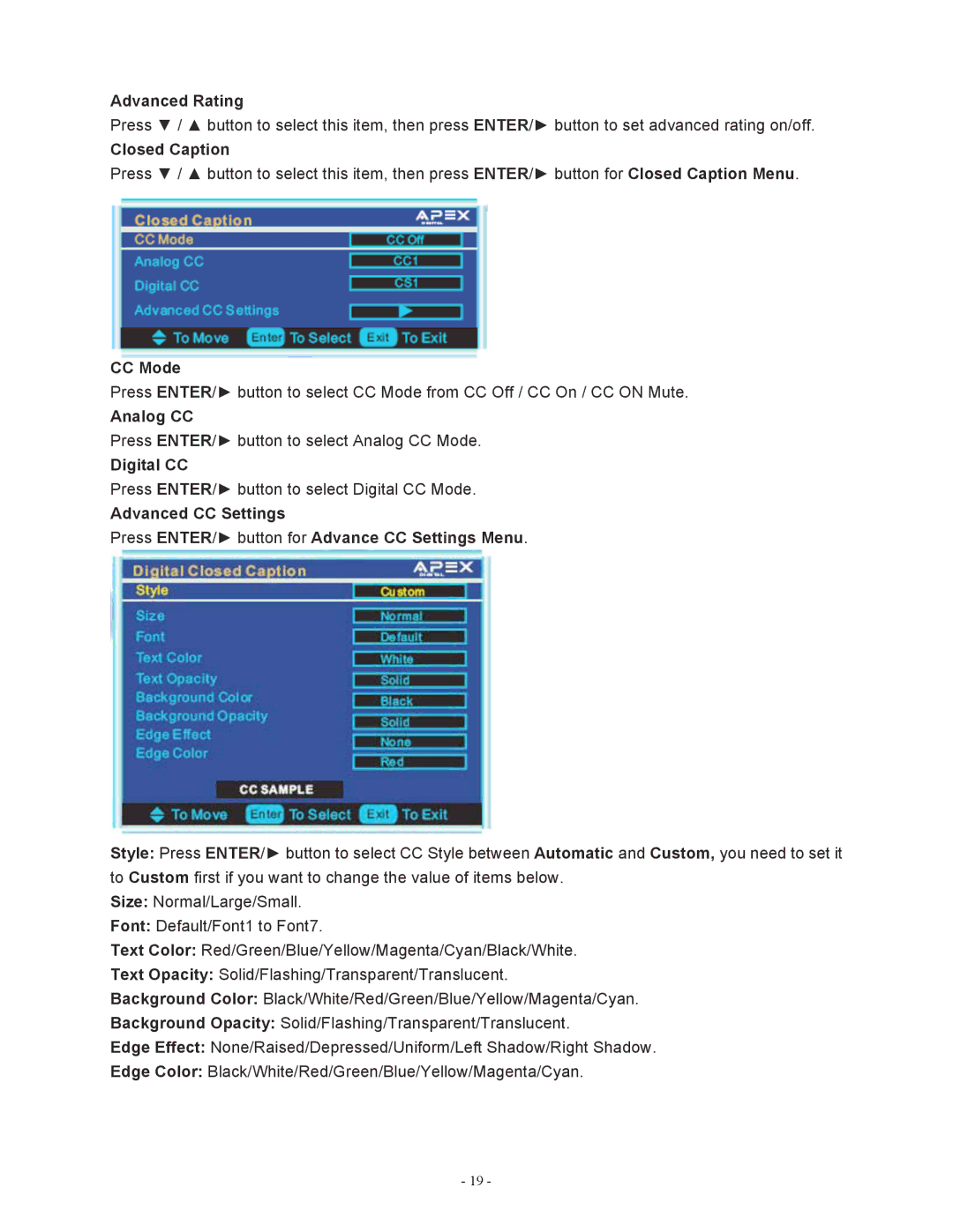 Apex Digital LD1919 operating instructions Advanced Rating, Closed Caption, CC Mode, Analog CC, Digital CC 