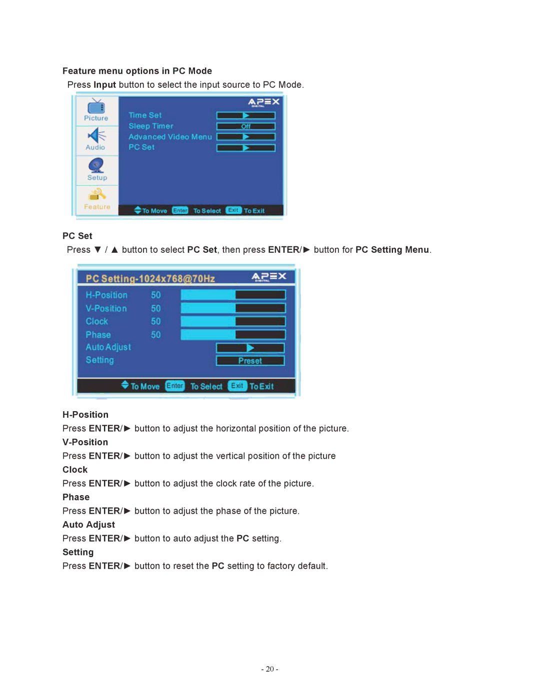 Apex Digital LD1919 Feature menu options in PC Mode, PC Set, Position, Clock, Phase, Auto Adjust, Setting 