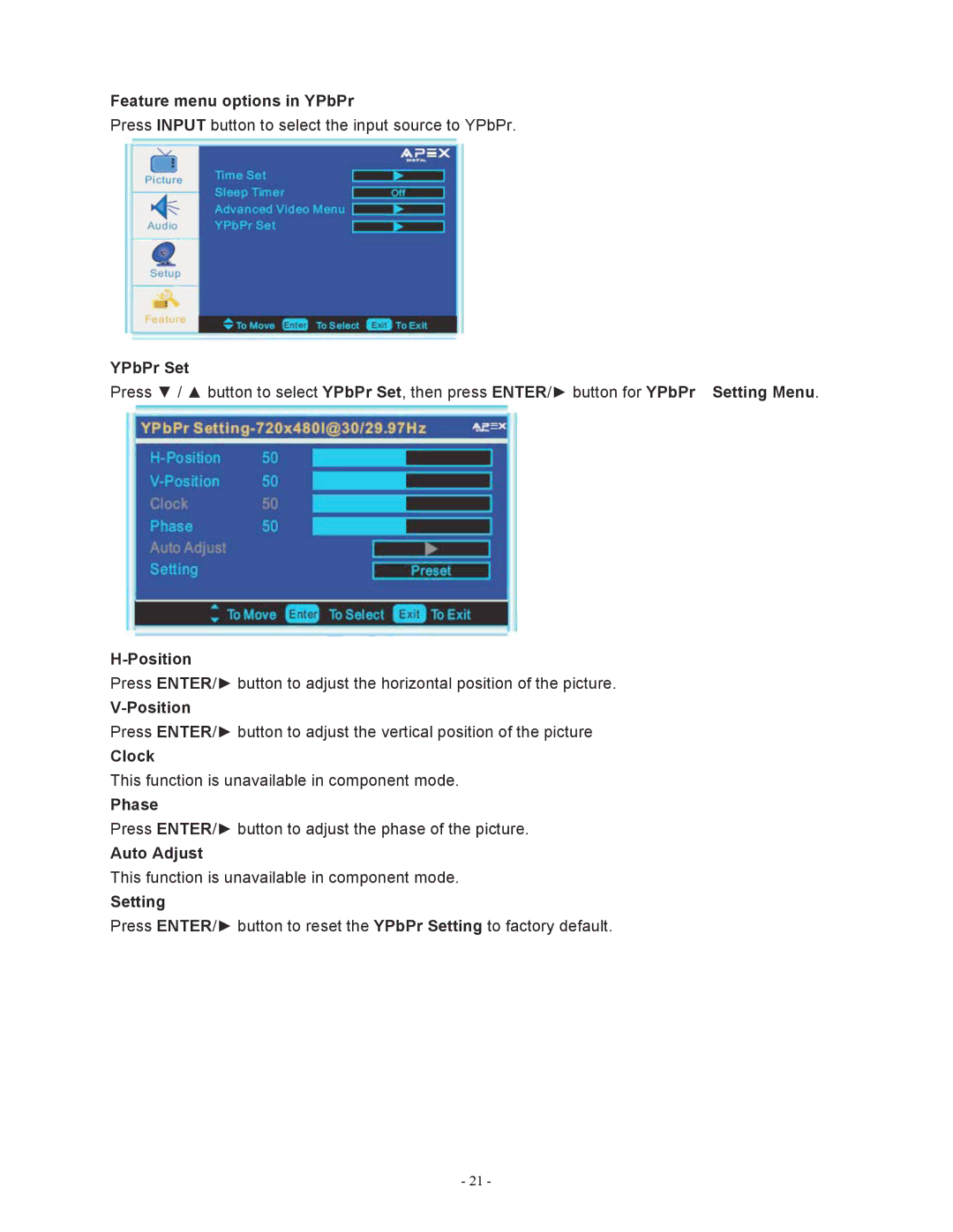 Apex Digital LD1919 operating instructions Feature menu options in YPbPr, YPbPr Set 