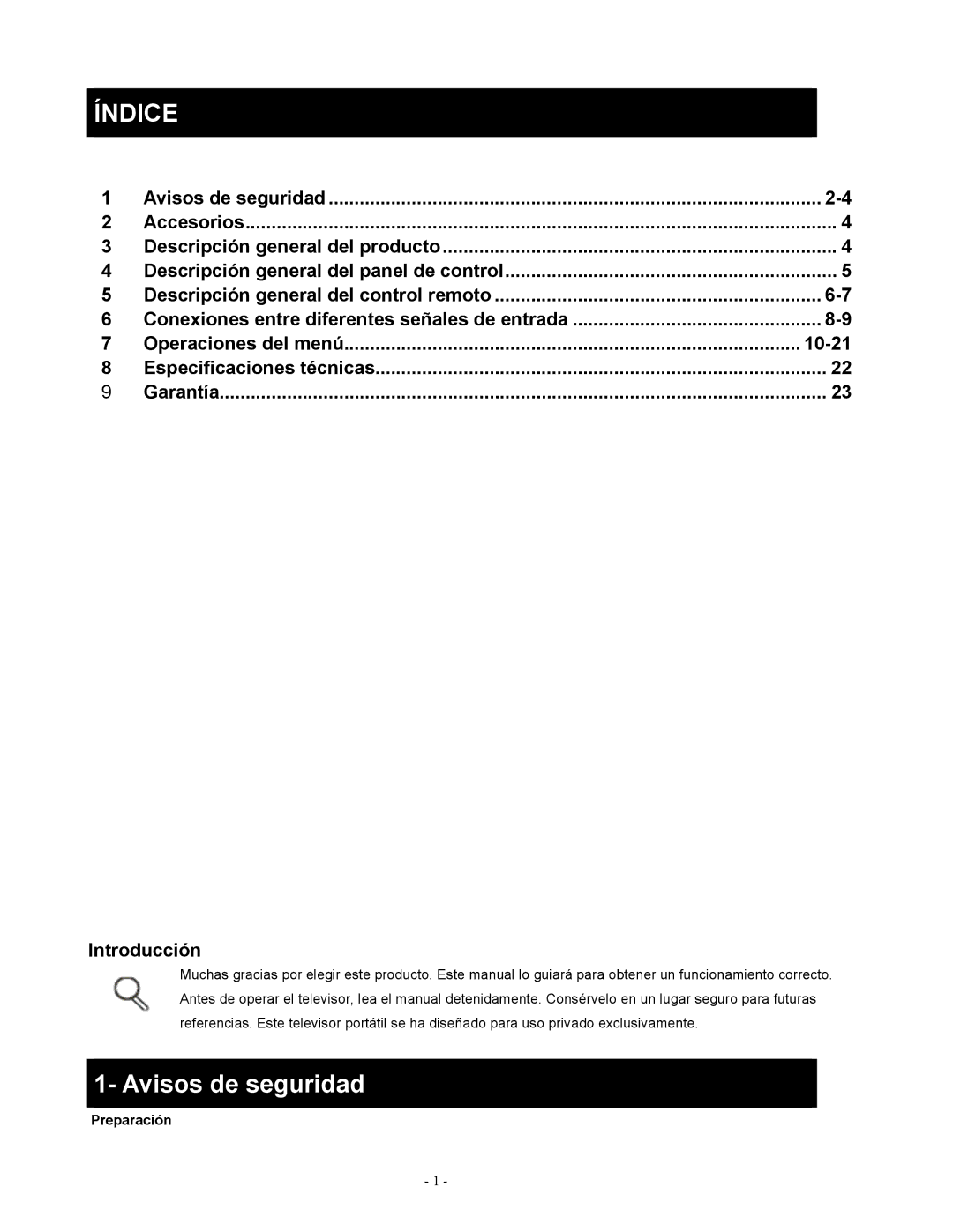 Apex Digital LD1919 operating instructions Índice, Avisos de seguridad 