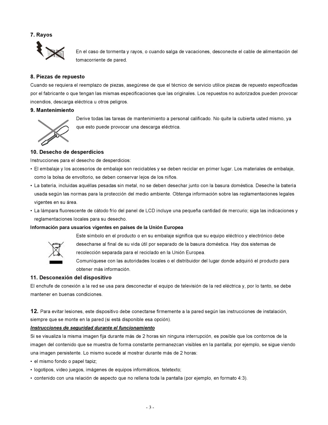 Apex Digital LD1919 Rayos, Piezas de repuesto, Mantenimiento, Desecho de desperdicios, Desconexión del dispositivo 