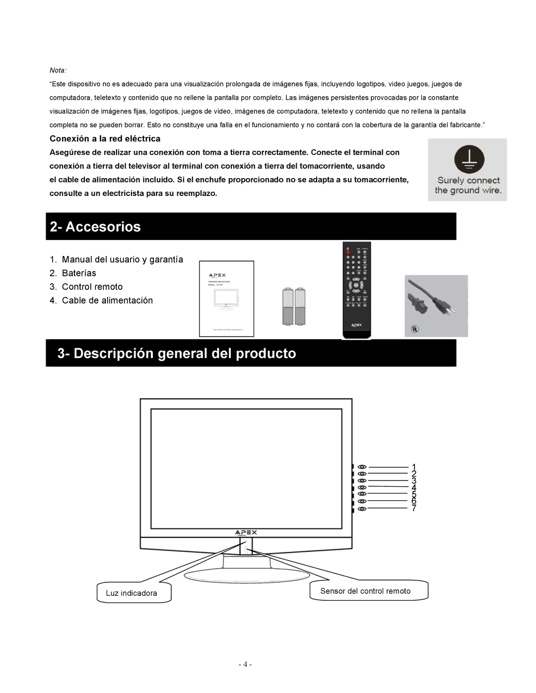 Apex Digital LD1919 operating instructions Accesorios, Descripción general del producto, Conexión a la red eléctrica 