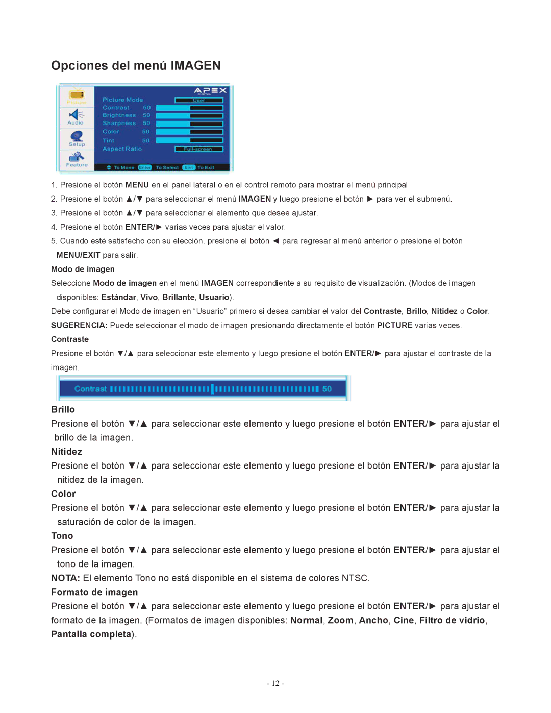 Apex Digital LD1919 operating instructions Opciones del menú Imagen, Brillo, Nitidez, Tono, Formato de imagen 