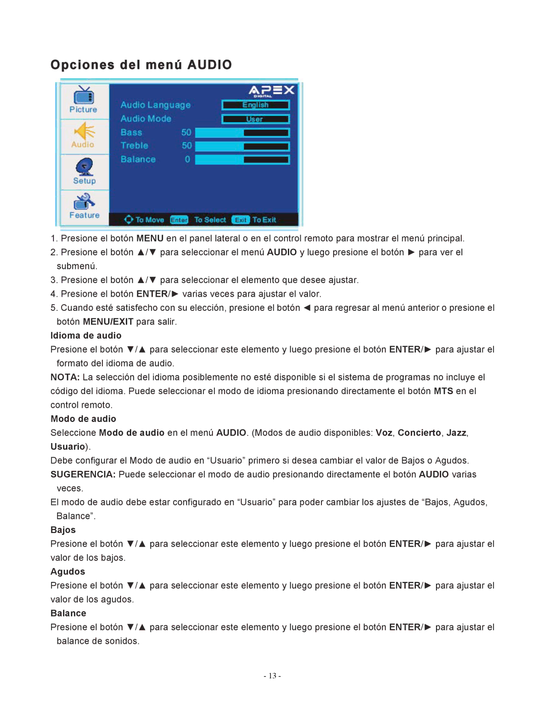 Apex Digital LD1919 operating instructions Opciones del menú Audio, Idioma de audio, Modo de audio, Bajos, Agudos 