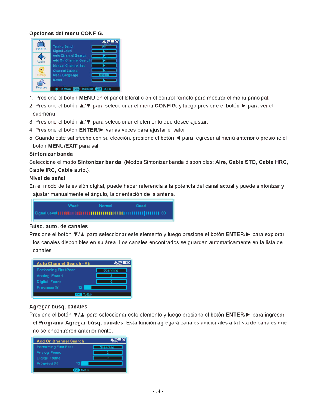 Apex Digital LD1919 operating instructions Opciones del menú Config, Nivel de señal, Agregar búsq. canales 