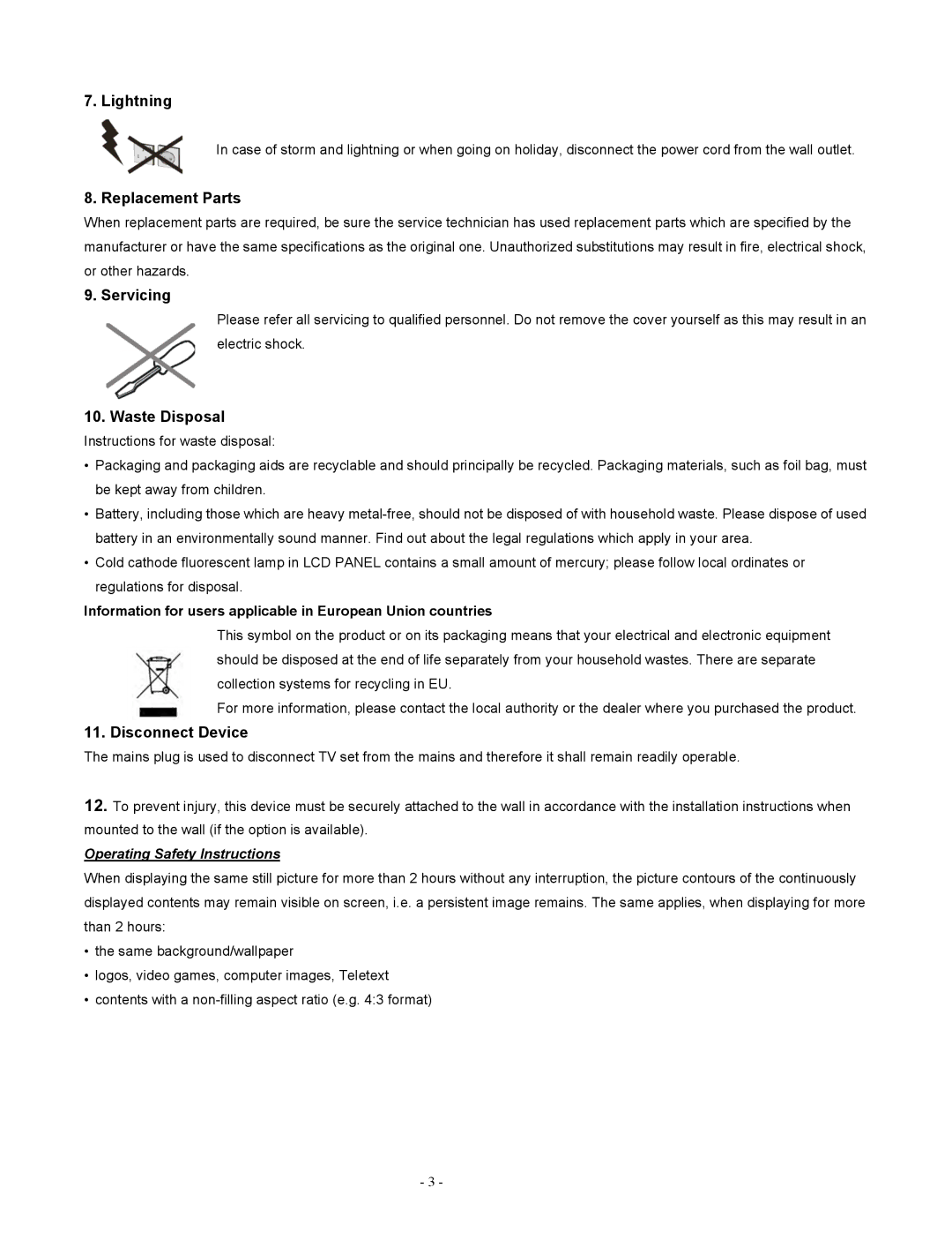 Apex Digital LD1919 operating instructions Lightning, Replacement Parts, Servicing, Waste Disposal, Disconnect Device 