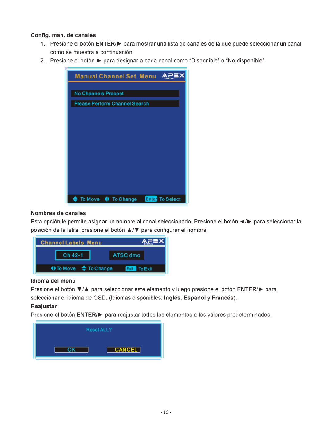 Apex Digital LD1919 operating instructions Config. man. de canales, Nombres de canales, Reajustar 