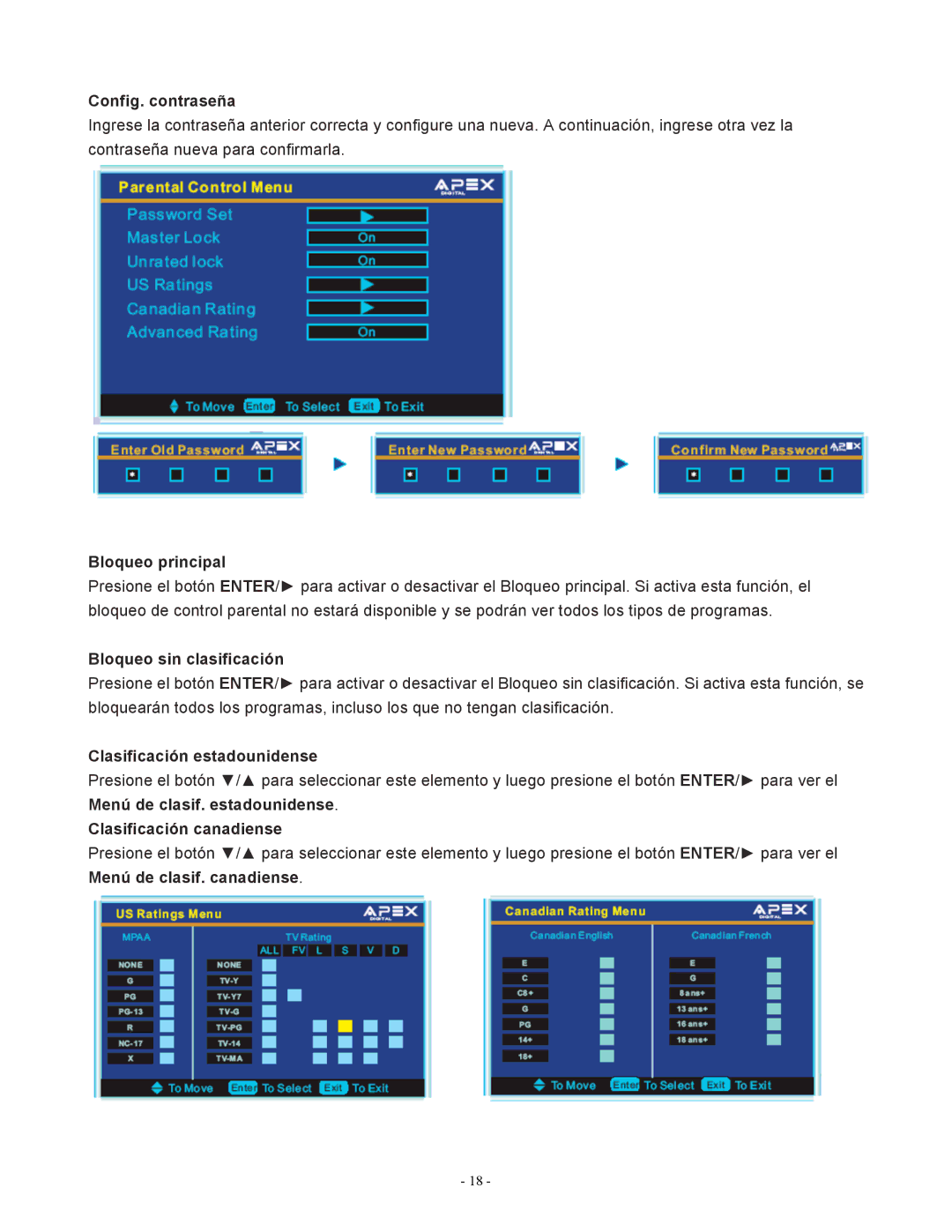 Apex Digital LD1919 Config. contraseña, Bloqueo principal, Bloqueo sin clasificación, Clasificación estadounidense 