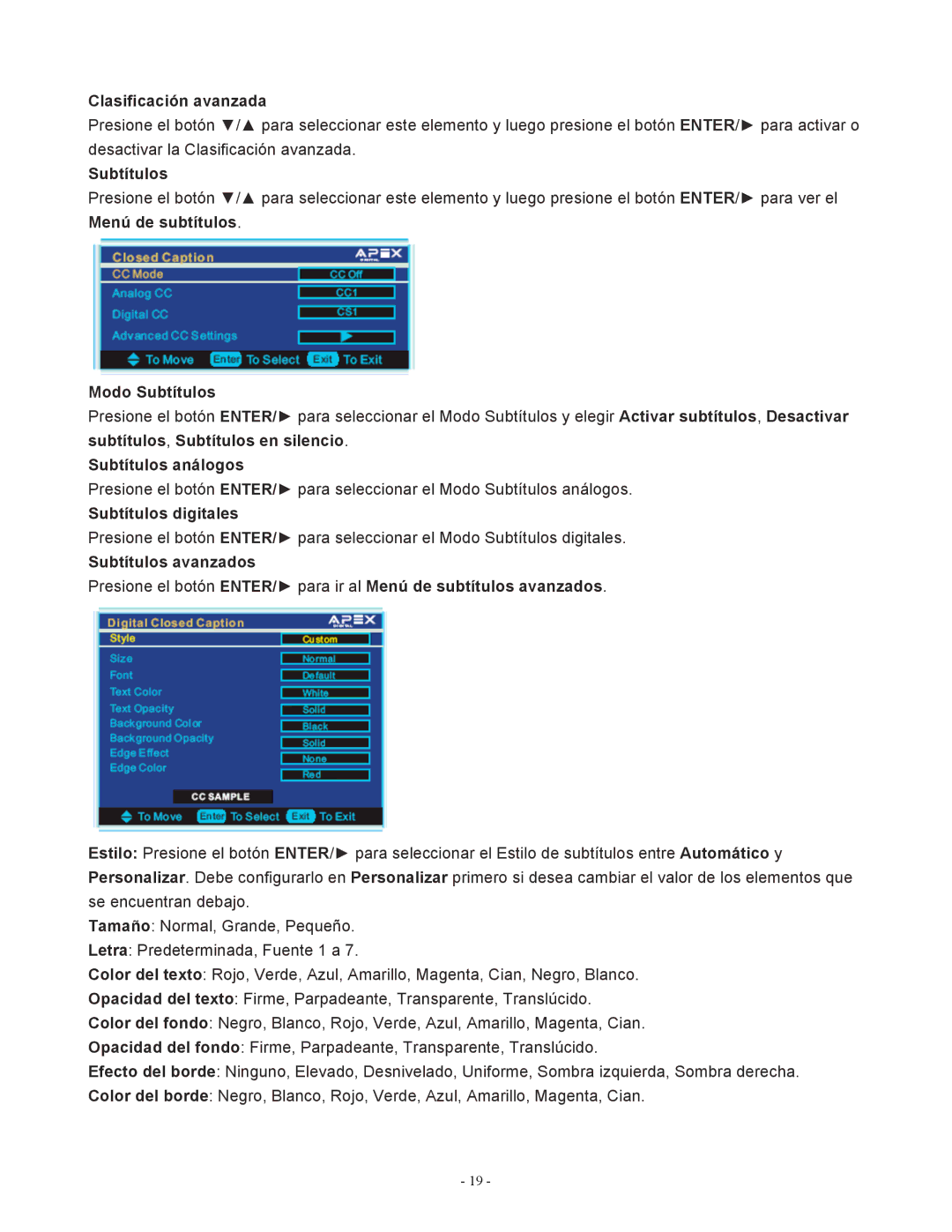 Apex Digital LD1919 Clasificación avanzada, Modo Subtítulos, Subtítulos análogos, Subtítulos digitales 