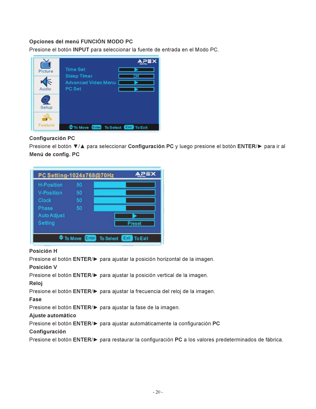 Apex Digital LD1919 Opciones del menú Función Modo PC, Configuración PC, Menú de config. PC Posición H, Reloj, Fase 