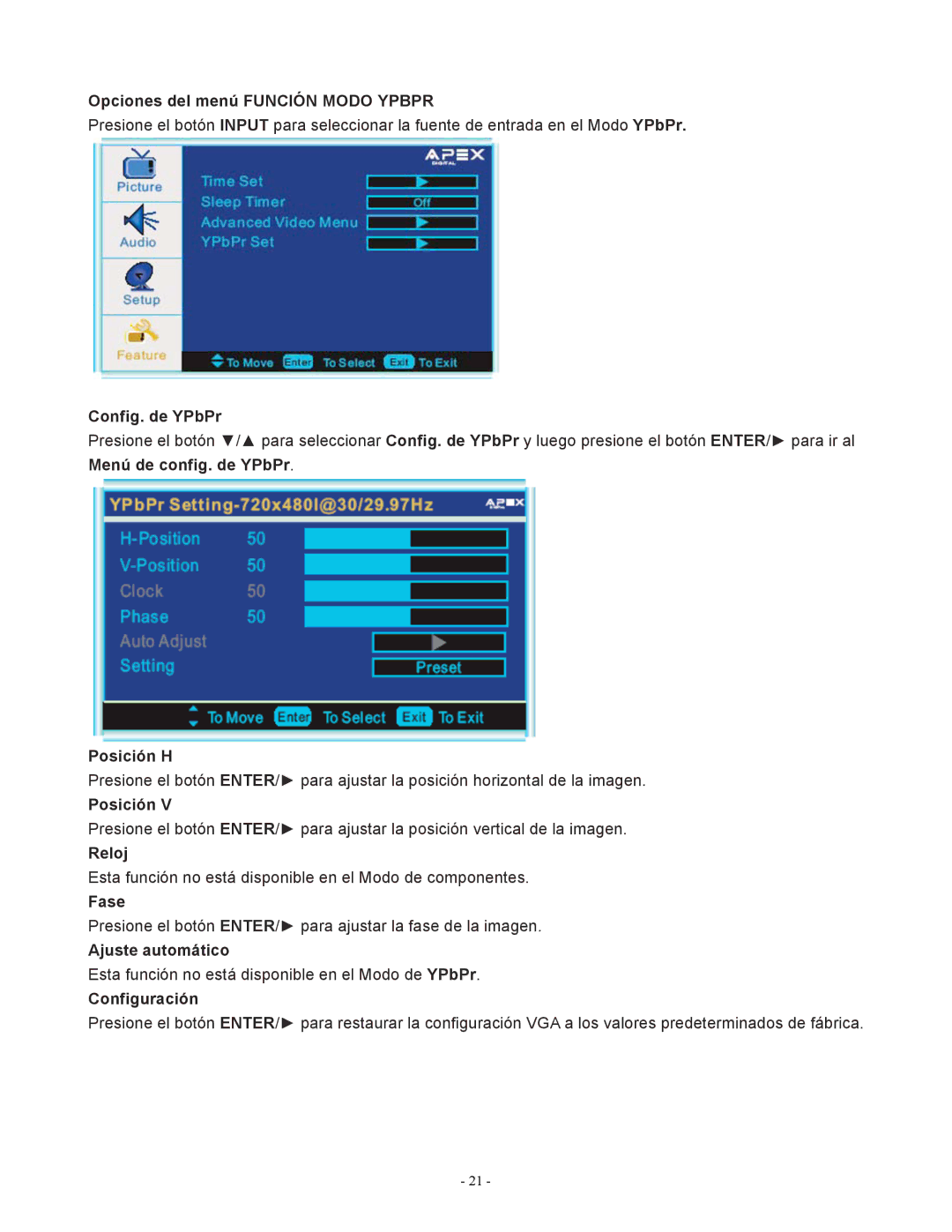 Apex Digital LD1919 operating instructions Opciones del menú Función Modo Ypbpr, Config. de YPbPr 