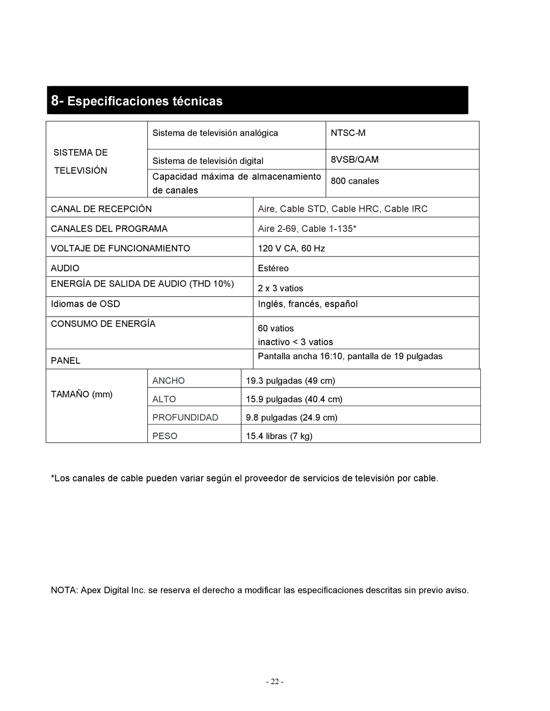 Apex Digital LD1919 operating instructions Especificaciones técnicas 