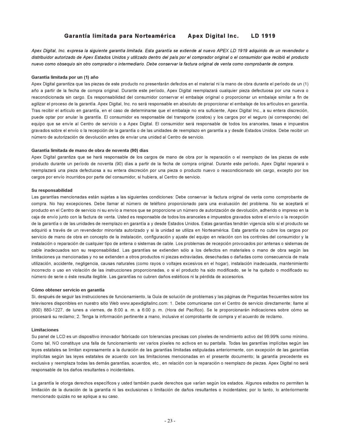 Apex Digital LD1919 operating instructions Garantía limitada para Norteamérica Apex Digital Inc 