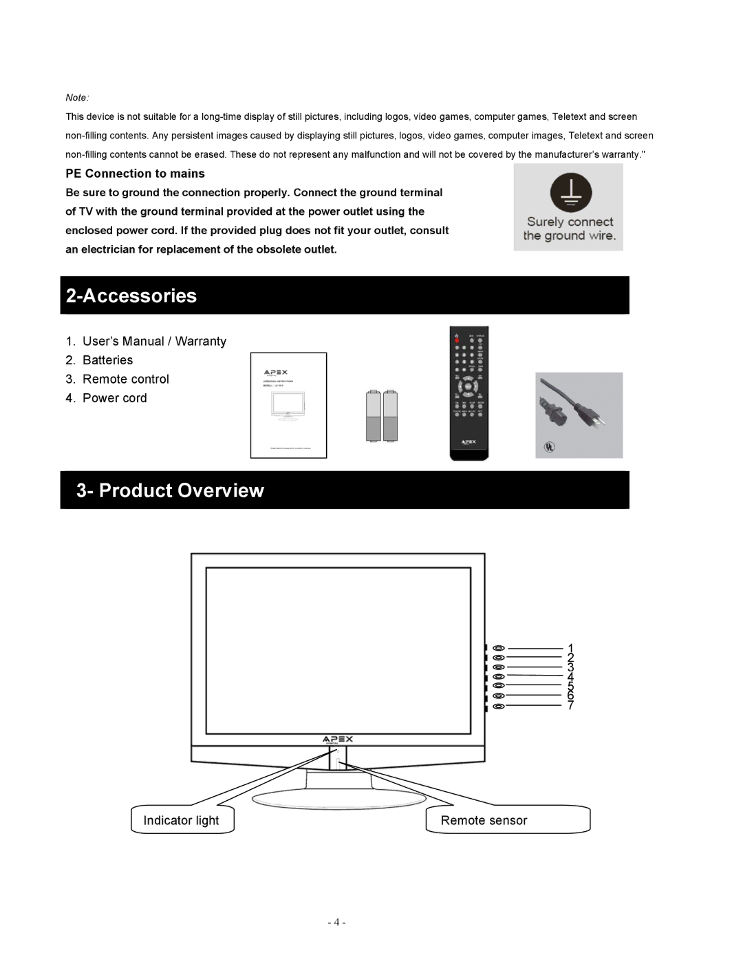 Apex Digital LD1919 operating instructions Accessories ain functions, Product Overview, PE Connection to mains 