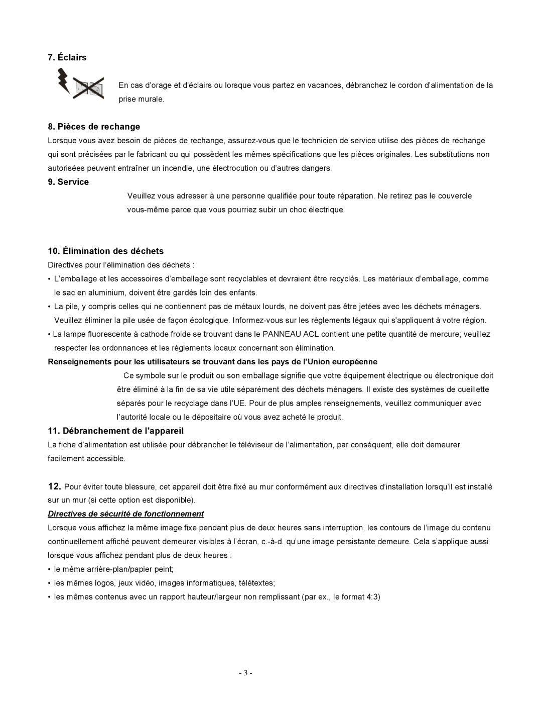 Apex Digital LD1919 Éclairs, Pièces de rechange, Service, 10. Élimination des déchets, 11. Débranchement de l’appareil 