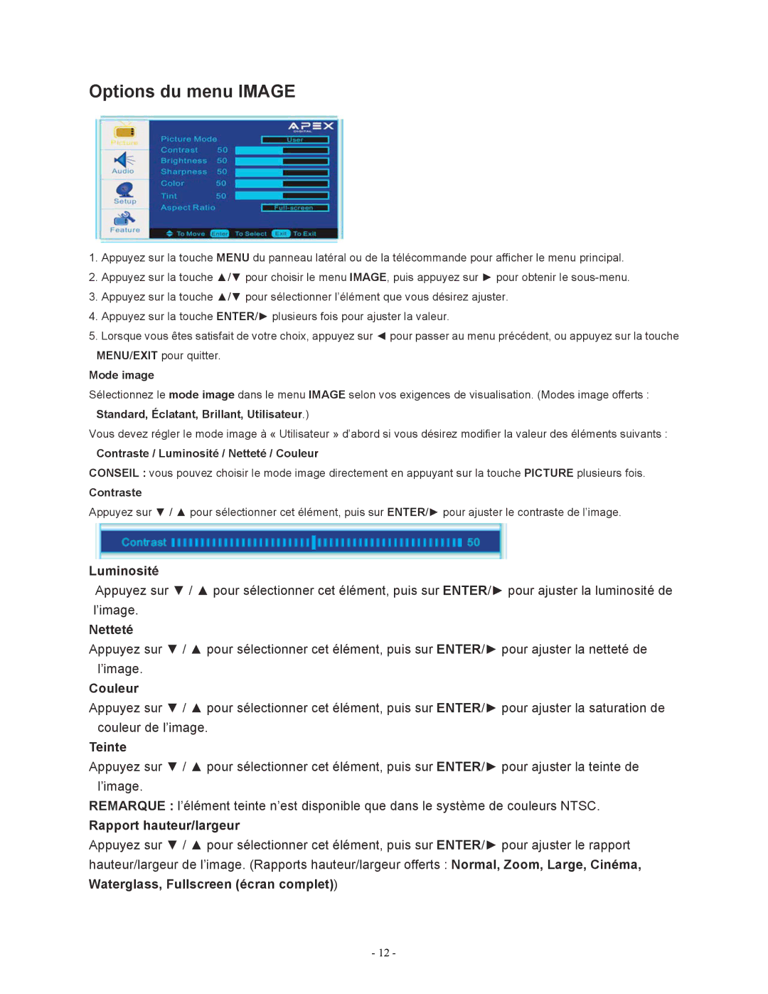 Apex Digital LD1919 operating instructions Options du menu Image 