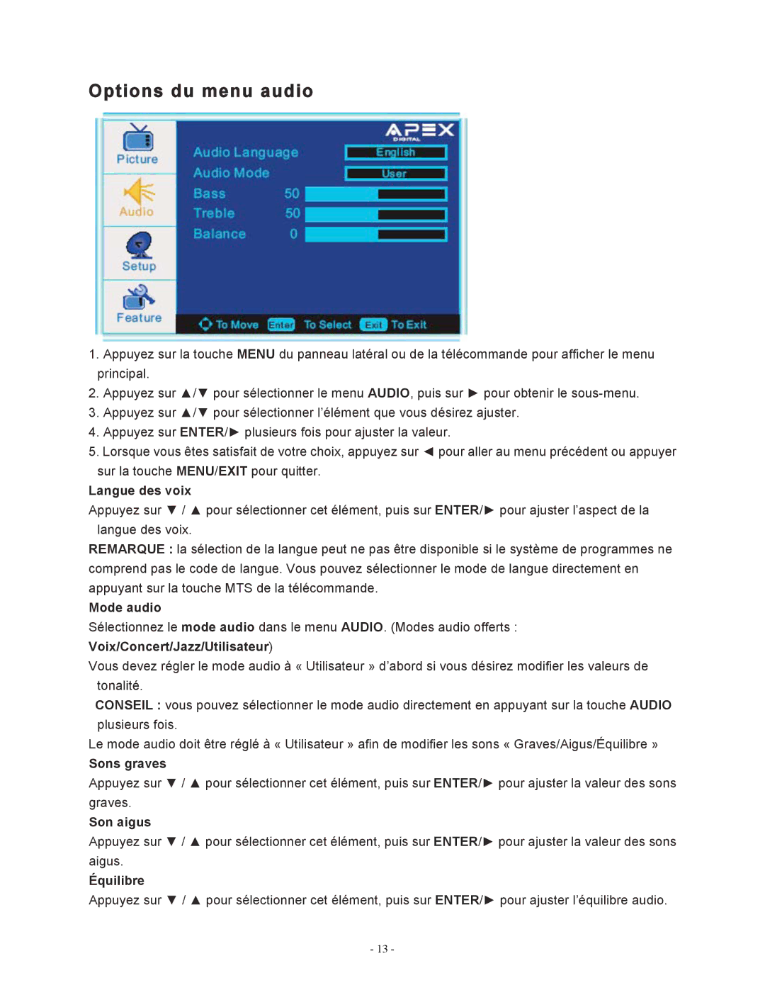 Apex Digital LD1919 operating instructions Options du menu audio 