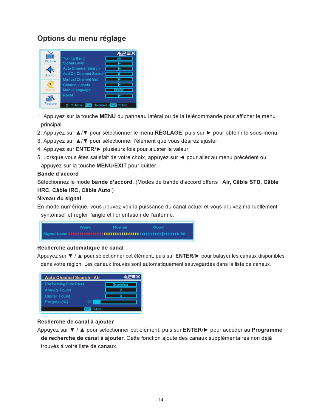 Apex Digital LD1919 operating instructions Options du menu réglage, Niveau du signal, Recherche de canal à ajouter 