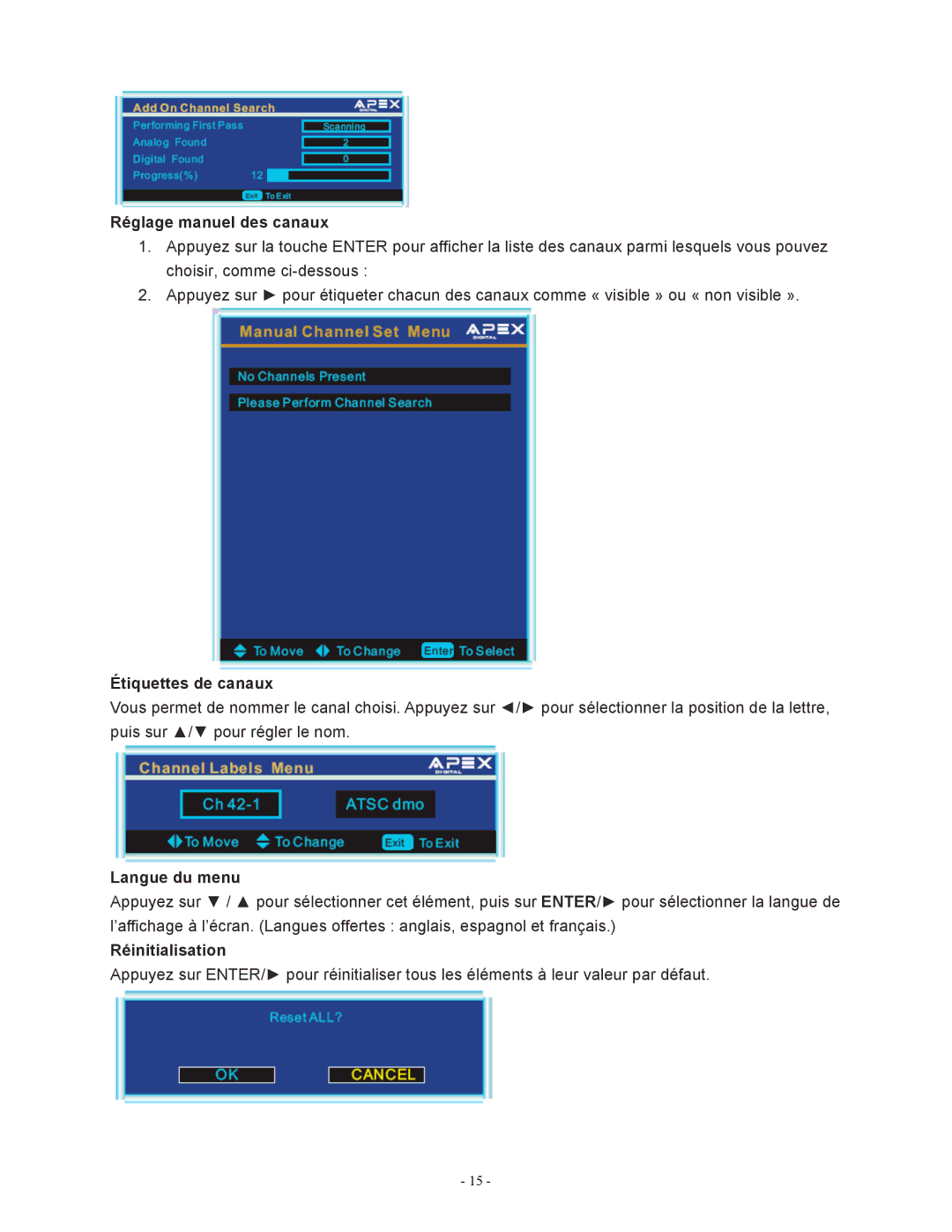 Apex Digital LD1919 operating instructions Réglage manuel des canaux, Étiquettes de canaux, Réinitialisation 