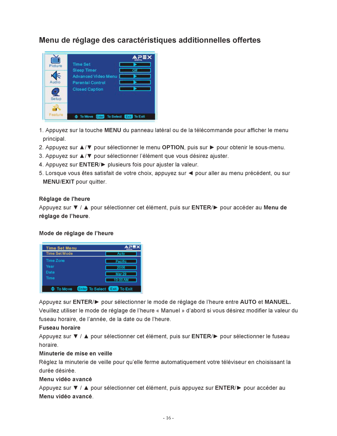 Apex Digital LD1919 Réglage de lheure, Mode de réglage de l’heure, Fuseau horaire, Minuterie de mise en veille 