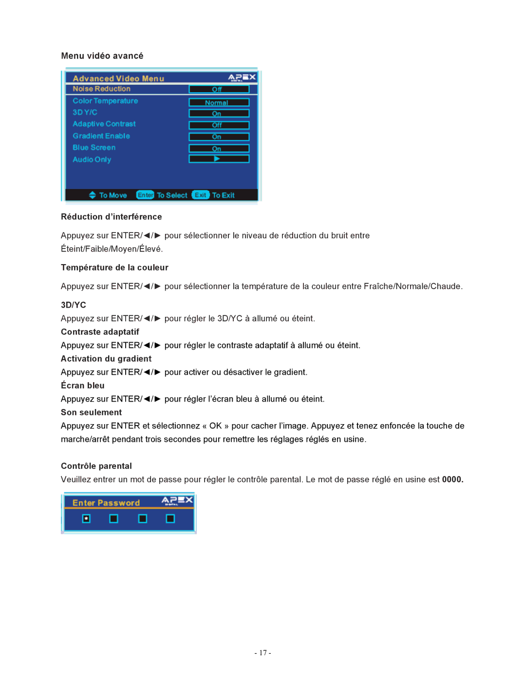 Apex Digital LD1919 operating instructions Contraste adaptatif 