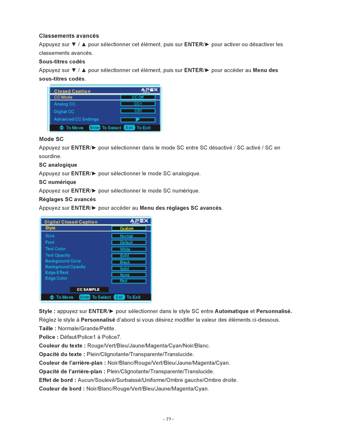 Apex Digital LD1919 operating instructions Classements avancés, Mode SC 