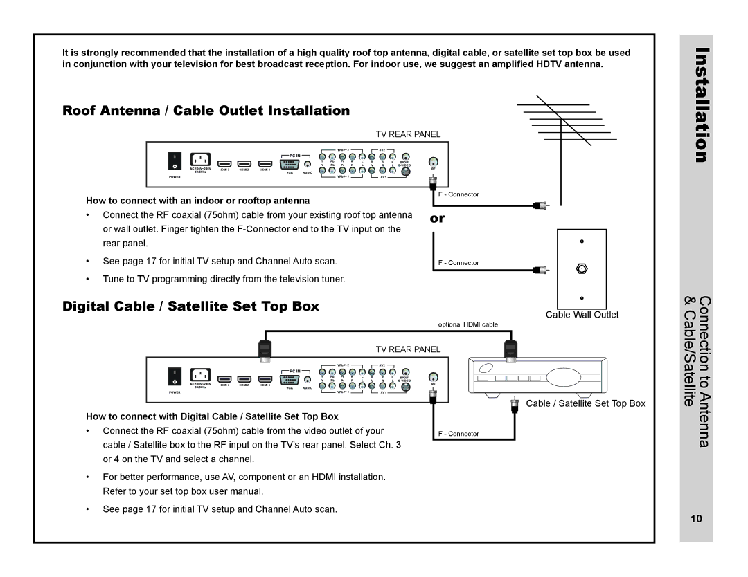 Apex Digital LD3249 user manual Roof Antenna / Cable Outlet Installation, Digital Cable / Satellite Set Top Box 