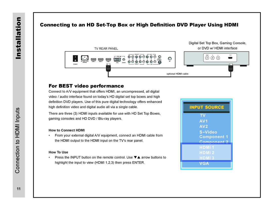 Apex Digital LD3249 user manual ToConnection InputsHDMI, For Best video performance, How to Connect Hdmi, How To Use 