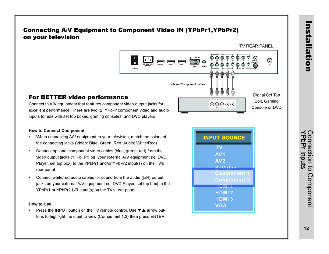 Apex Digital LD3249 Connection to Component YPbPr Inputs, For Better video performance, How to Connect Component 