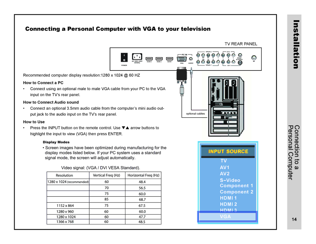 Apex Digital LD3249 Connection to a Personal Computer, Connecting a Personal Computer with VGA to your television 