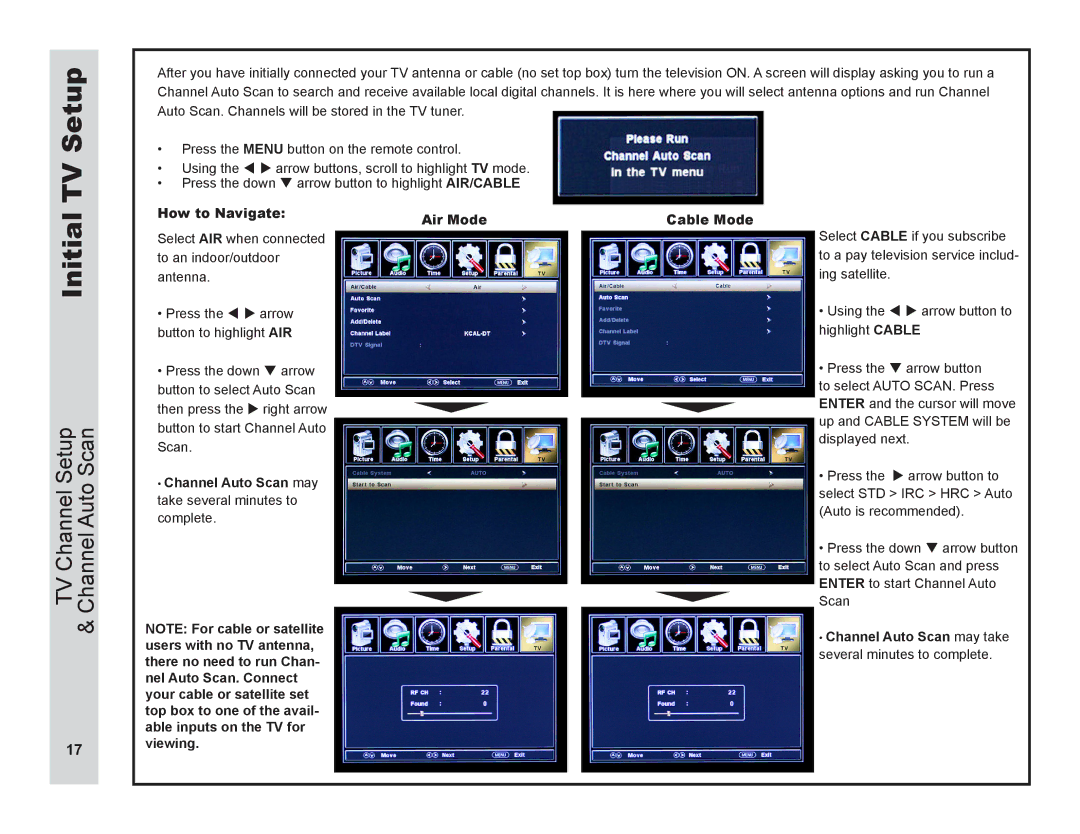Apex Digital LD3249 TV Channel Setup Channel Auto Scan, How to Navigate Air Mode Cable Mode, Channel Auto Scan may 