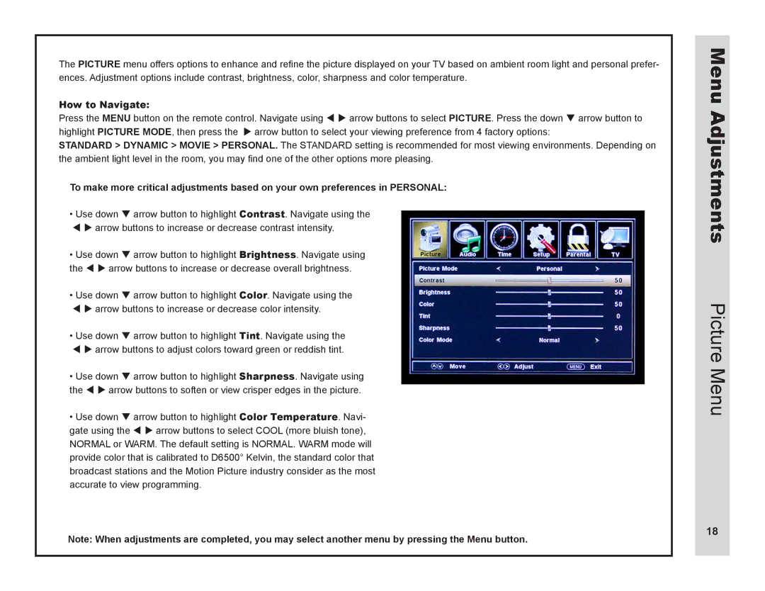 Apex Digital LD3249 user manual Menu Adjustments, Picture Menu, How to Navigate 