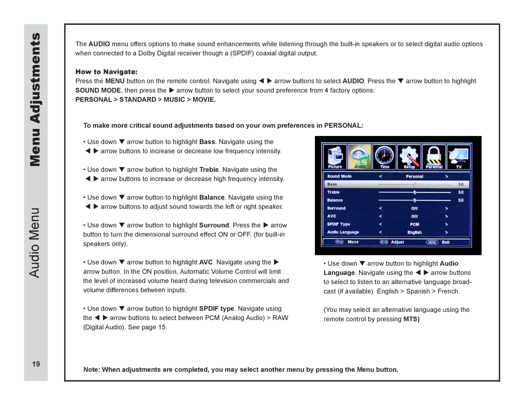 Apex Digital LD3249 user manual Adjustments, Audio Menu 