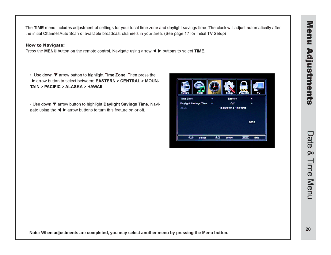 Apex Digital LD3249 user manual Date & Time Menu, Tain Pacific Alaska Hawaii 