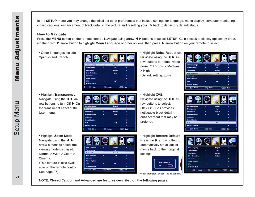 Apex Digital LD3249 user manual Setup Menu, Highlight Noise Reduction 