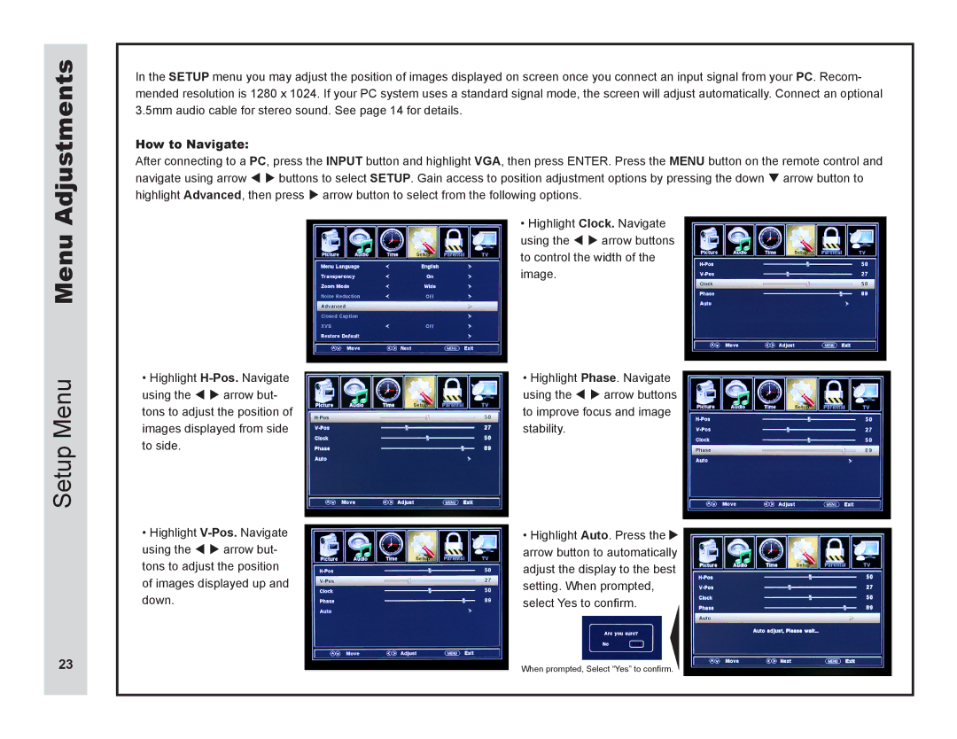 Apex Digital LD3249 user manual Menu Adjustments 