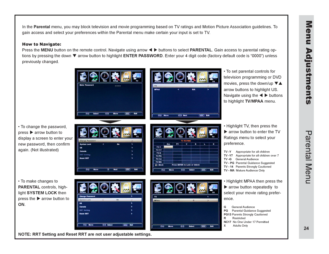 Apex Digital LD3249 user manual Parental Menu 