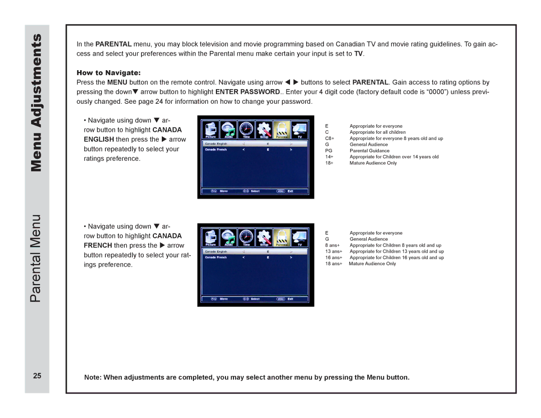 Apex Digital LD3249 user manual Parental Menu 