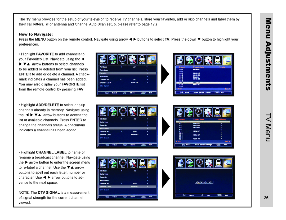 Apex Digital LD3249 user manual Menu Adjustments, TV Menu 