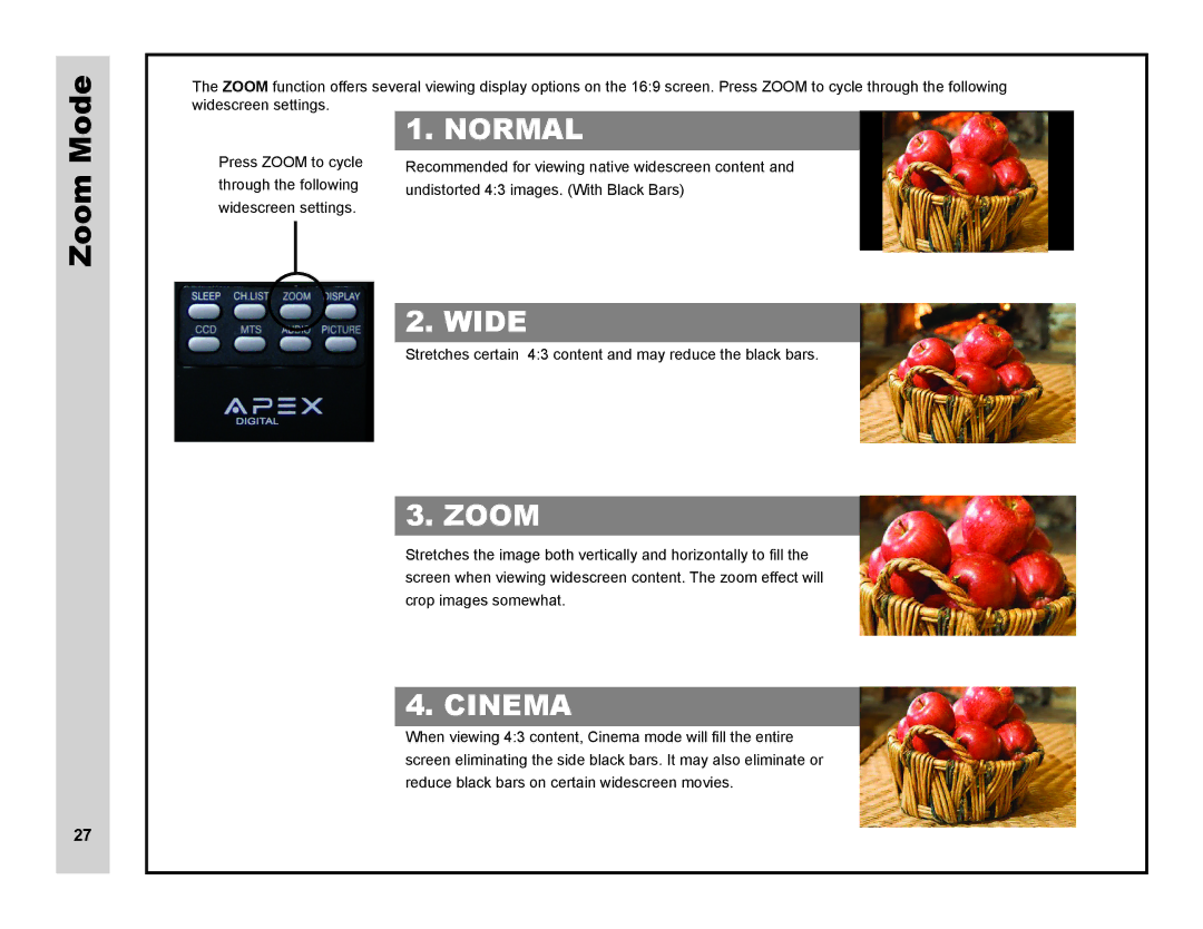 Apex Digital LD3249 user manual Zoom Mode 