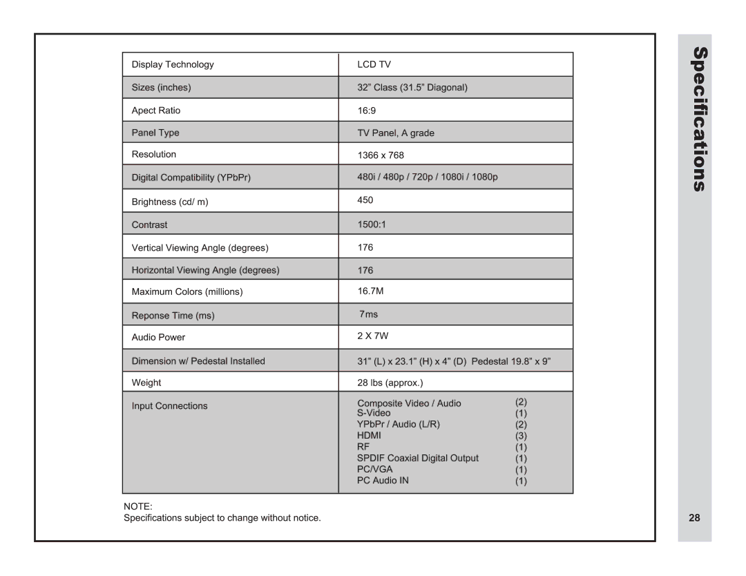 Apex Digital LD3249 user manual Specifications 