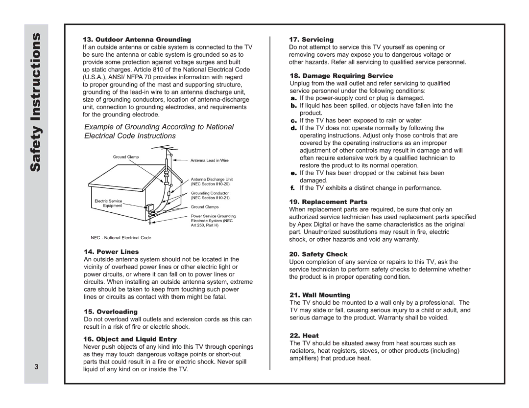 Apex Digital LD3249 user manual Safety Instructions 