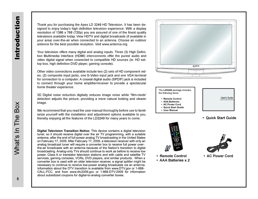 Apex Digital LD3249 user manual Introduction, What’s In The Box 