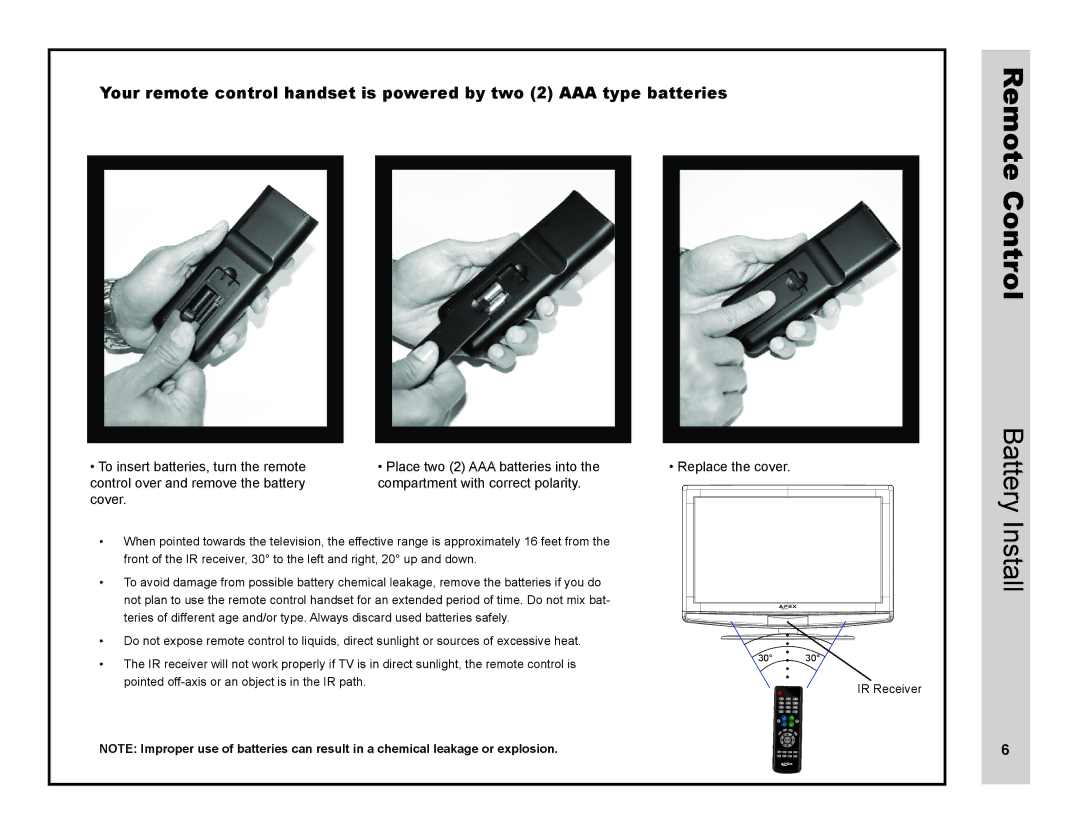 Apex Digital LD3249 user manual Remote Control, Battery Install 